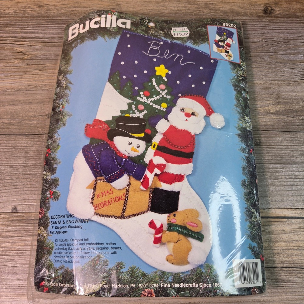 Bucilla Santa Snowman Christmas Stocking Kit 18" Felt Applique Vintage 1994 New